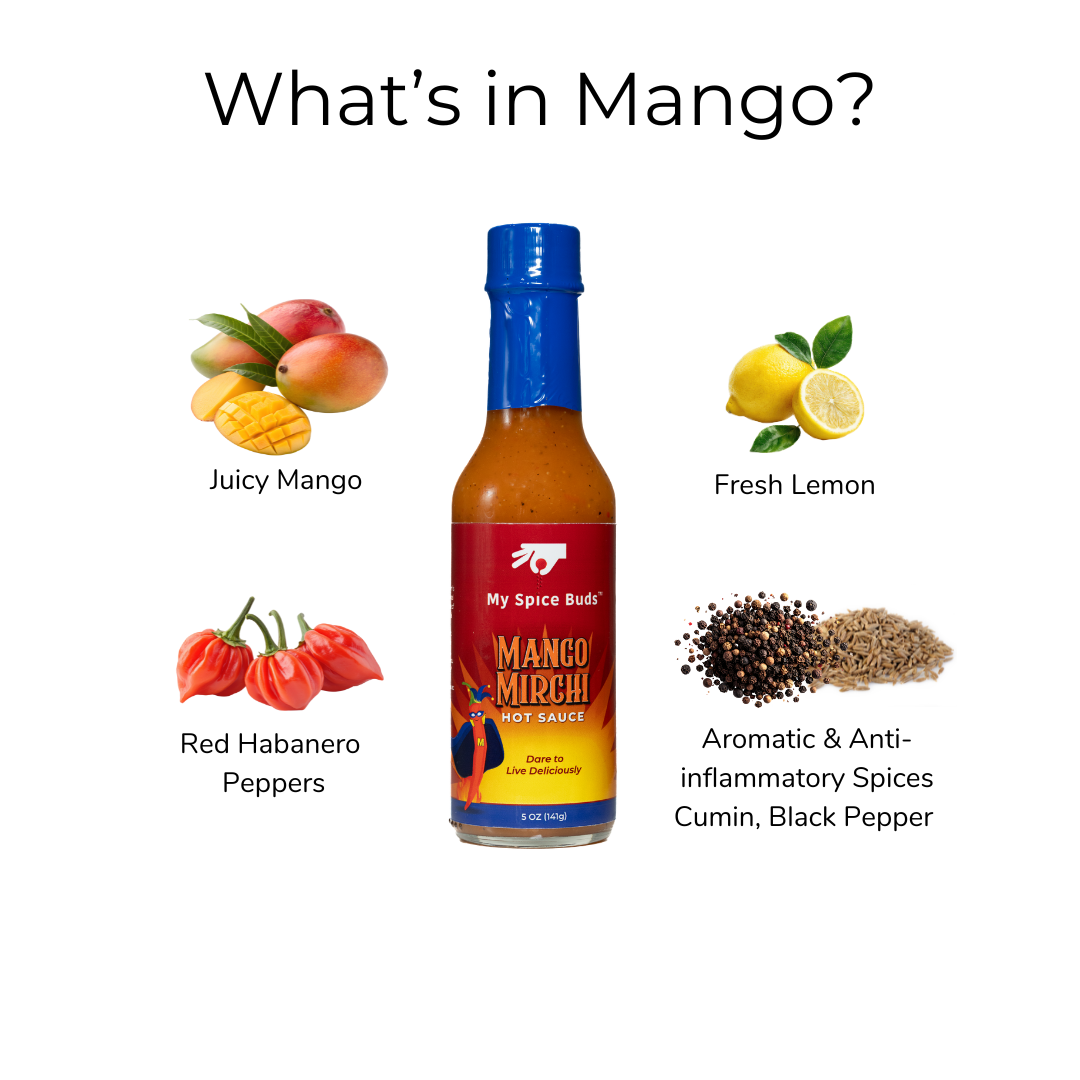 Mango Mirchi hot sauce bottle with ingredients listed on a white background