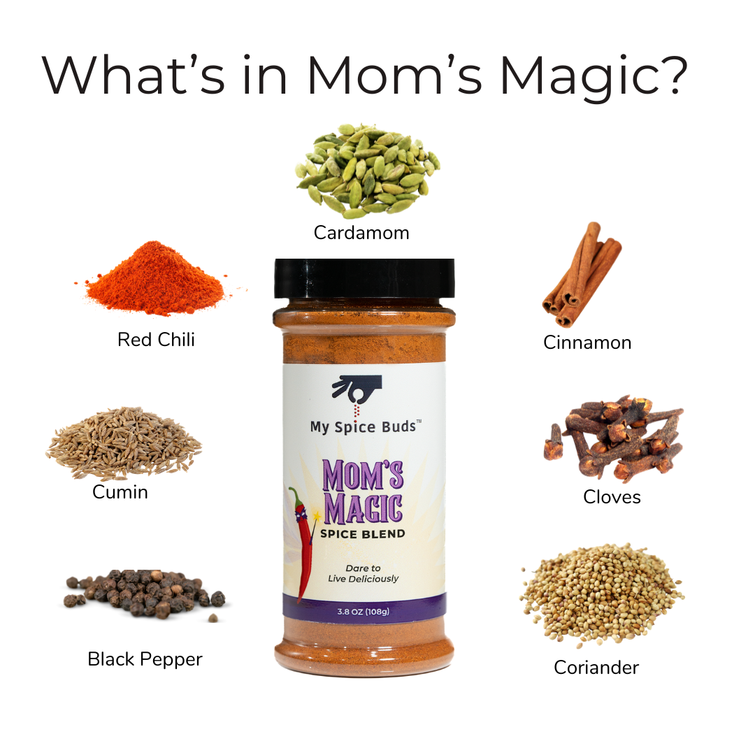 Spice blend labeled 'Mom's Magic' with ingredients displayed on a white background