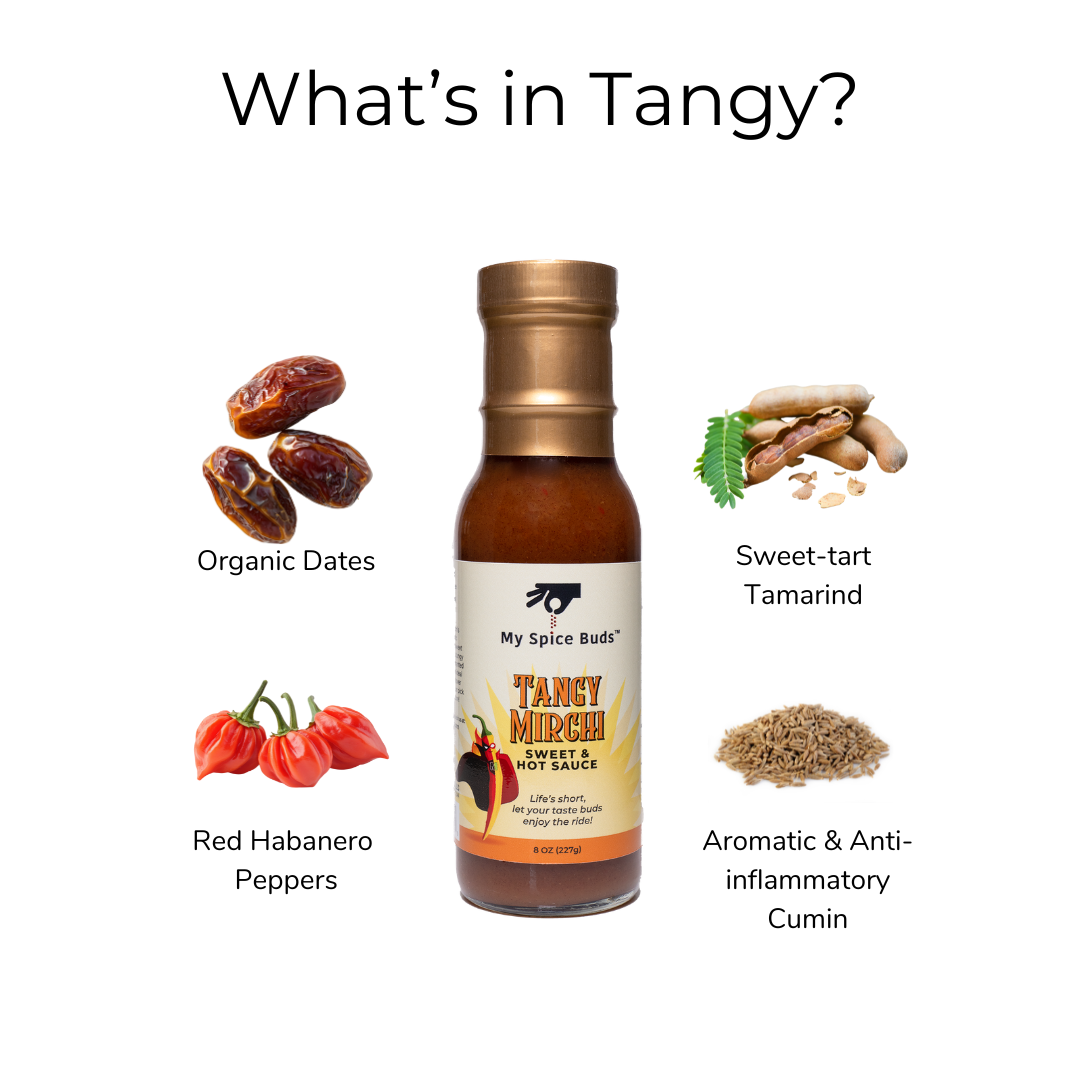 Hot sauce bottle with ingredients listed of organic dates, red habanero, sweet tart tamarind, cumin