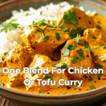Chicken or tofu curry with rice on a plate, garnished with cilantro. 9