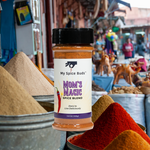 Spice blend jar labeled 'Mom's Magic' by My Spice Buds with a market background 29