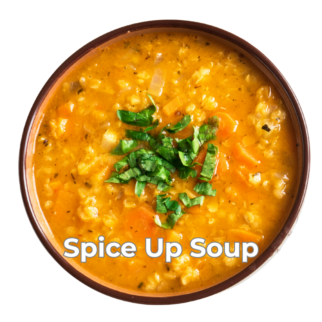 Bowl of orange soup with green herbs on a white background, labeled 'Spice Up Soup'.